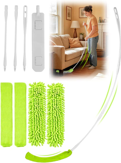 Bend-Free Gap Dust Cleaner Cleaning Tools Washable Flat Duster Brush with 4 Microfiber Chenille Dusting Cloths Long Handle 56 inches for Cleaning Under Appliances Furniture Couch Bed Fridge