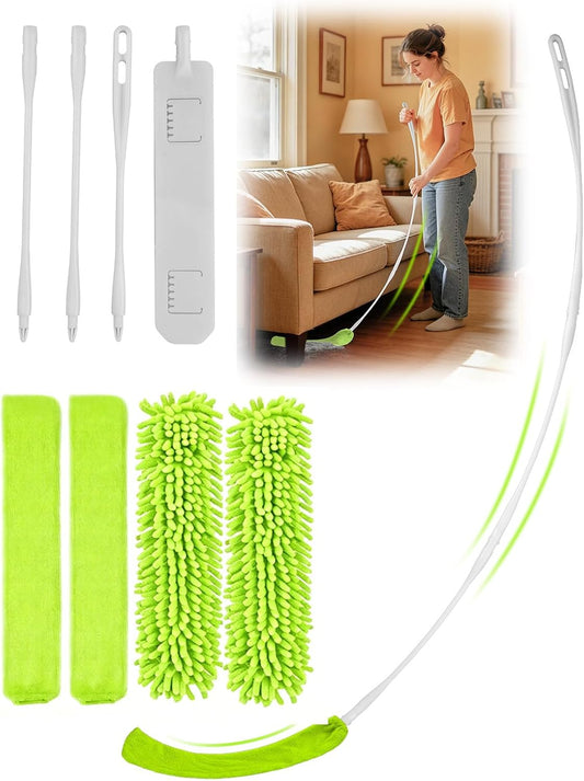 Bend-Free Gap Dust Cleaner Cleaning Tools Washable Flat Duster Brush with 4 Microfiber Chenille Dusting Cloths Long Handle 56 inches for Cleaning Under Appliances Furniture Couch Bed Fridge