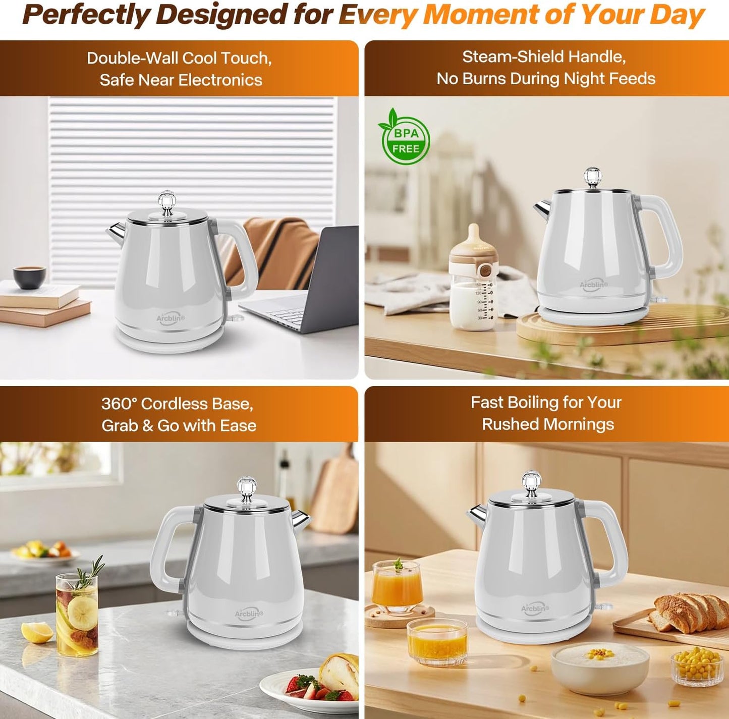 Electric Kettle 1.8L, Arcblin Retro Electric Tea Kettle for Boiling Water, 1350W Fast Boil, Stainless Steel Interior, BPA Free, Automatic Shut Off, Boil-Dry Protection, Pearl White