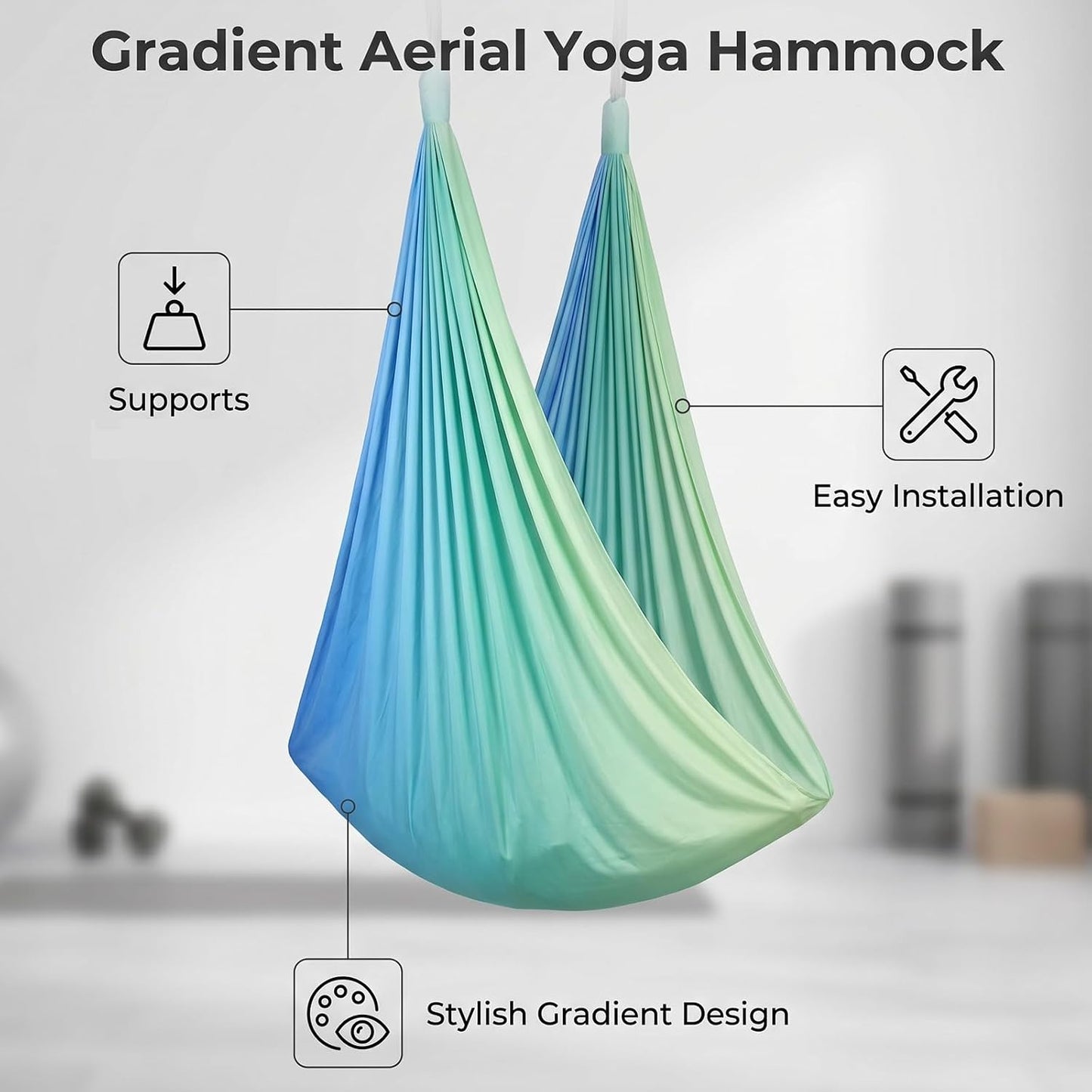 Blue-Green Gradient & Dark Green Aerial Yoga Hammock (400x180 cm / 157"x71"), Soft Silk Swing for Anti-Gravity Yoga, Inversion Therapy, Ideal for Strength, Flexibility Training and Stress Relief