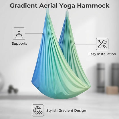 Blue-Green Gradient & Dark Green Aerial Yoga Hammock (400x180 cm / 157"x71"), Soft Silk Swing for Anti-Gravity Yoga, Inversion Therapy, Ideal for Strength, Flexibility Training and Stress Relief