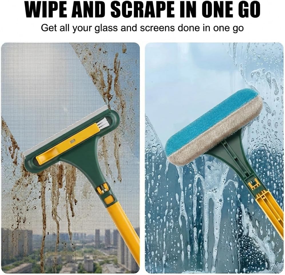 3 in 1 Window Squeegee for Home, 2-Way Brush Window Cleaning Tool with TPR Soft Rubber Squeegee for Cleaning Screens, Glass & Window Tracks