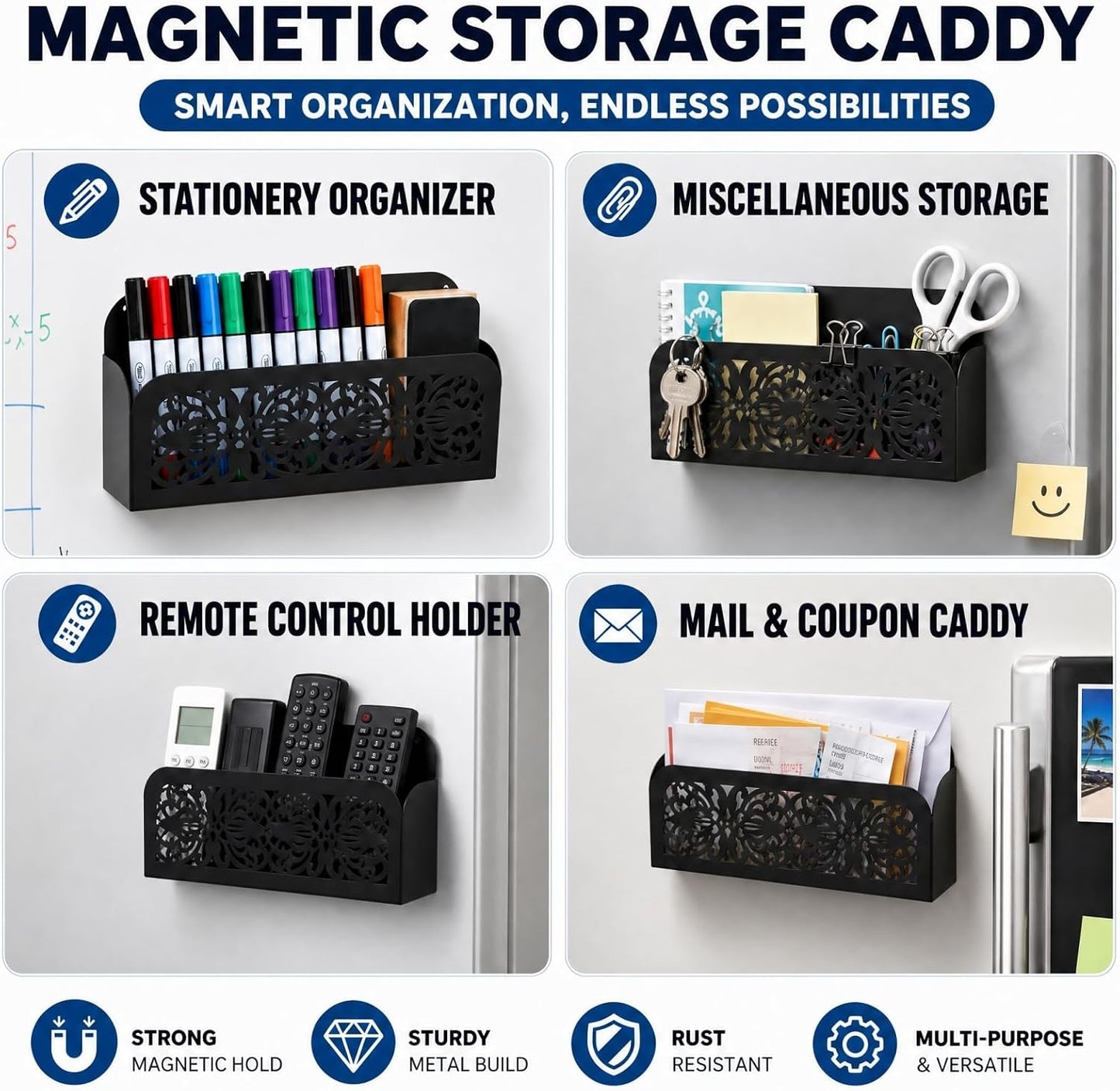 Nicunom Magnetic Dry Erase Marker Holder, Metal Strong Magnet Pen Holder for Whiteboard, Refrigerator, Locker Accessories, Magnetic Pencil Marker Organizer for Office, Classroom, Home (Black)