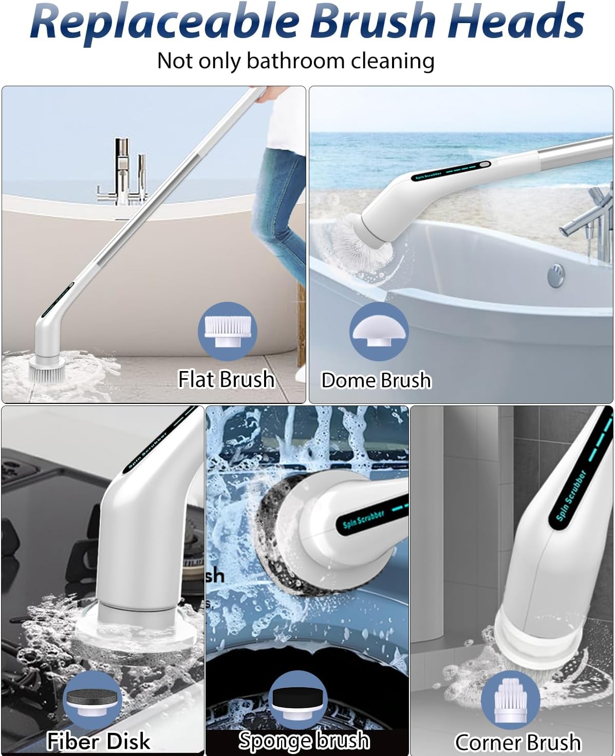 Electric Spin Scrubber, Shower Cleaner with Adjustable Extension Handle | Cordless IPX7 Waterproof 2 Speeds 5 Replaceable Heads for Bathroom,Toilet, Bathtub, Kitchen, Tile Floors