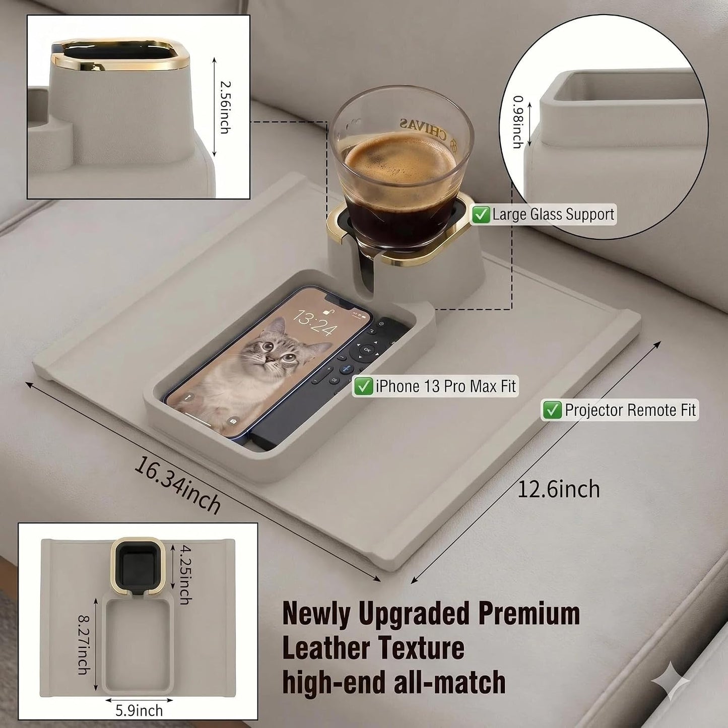 Luxury Gold Trim Couch Cup Holder Tray - Weighted Anti-Spill Navy Blue Silicone Sofa Armrest Organizer, Non-Slip Recliner Tray Table for Drinks, Remote, Phone - Fits Most Couch Arms