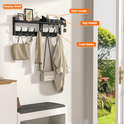 Evermagin 29" Coat Rack Wall Mount with Shelf for Entryway, Rustic Brown | Wall Mounted Coat and Key Rack with Hooks, Key Holder with Mail Organizer for Wall, Living Room, Mudroom, Bedroom