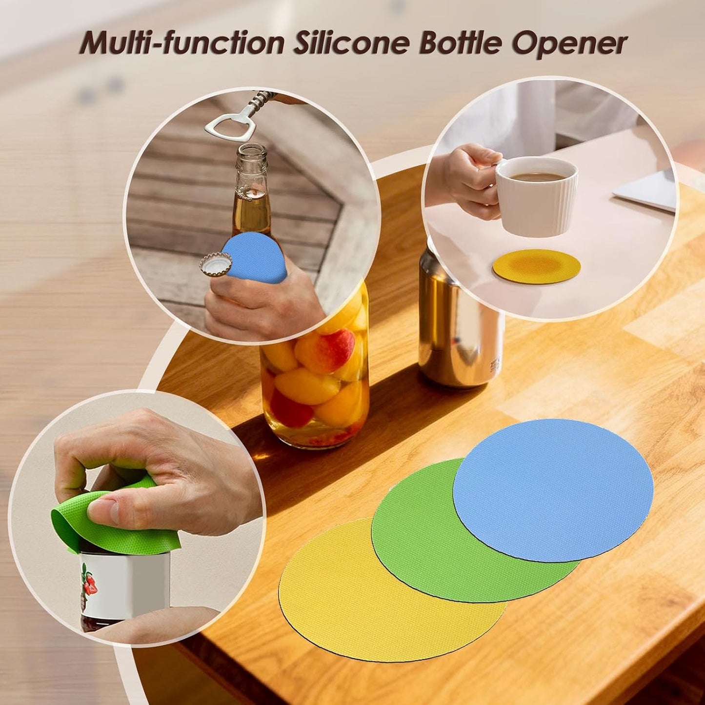 4 in 1 Multi-Purpose Jar Opener, with 3pcs Rubber Jar Openers, Adjustable Stainless Steel Lid Remover for Seniors & Arthritis Sufferers, for Weak Hands, Fits Kitchen Jars, Bottles & Cans (Beige)