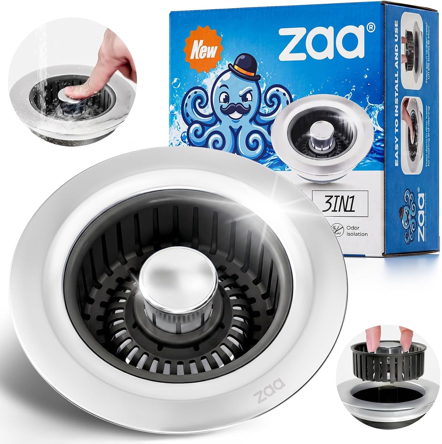 3 in 1 Kitchen Sink Drain Strainer Stopper Removable Basket Pop-Up | Kitchen Sink Food Strainer 1 Pack Silver Stainless - Food Catcher, Odor-Block Seal, Fits 3.5" Drain, Easy Clean