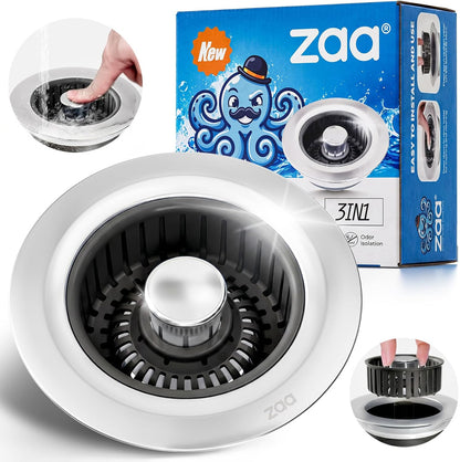 3 in 1 Kitchen Sink Drain Strainer Stopper Removable Basket Pop-Up | Kitchen Sink Food Strainer 1 Pack Silver Stainless - Food Catcher, Odor-Block Seal, Fits 3.5" Drain, Easy Clean