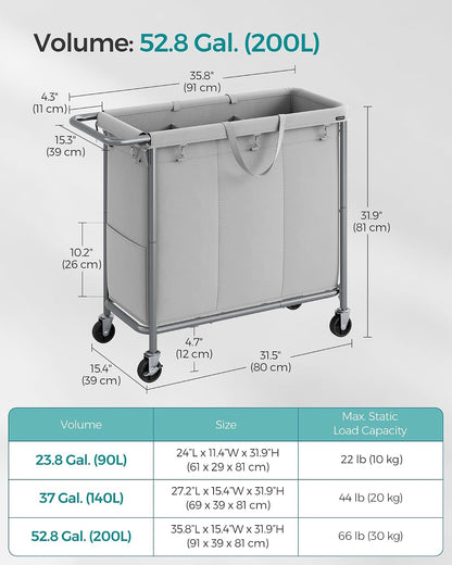 SONGMICS Laundry Basket with Wheels, 4-Section Rolling Laundry Hamper, 68.6 Gallons (260 L), Removable Liner, Steel Frame with Handle, 43.3 x 15.4 x 31.9 Inches, Cream White URLS014W01