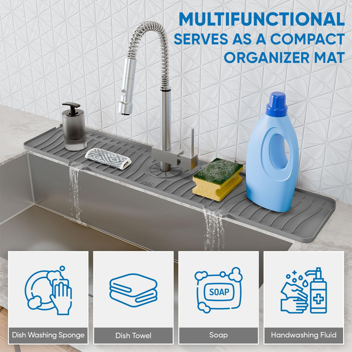24 Inch Longer Faucet Mat for Kitchen Sink, Silicone Sink Faucet Mat Splash Guard 5° Slope Premium Kitchen Sink Splash Faucet Guard, Fast Self-Draining Mat (gray)
