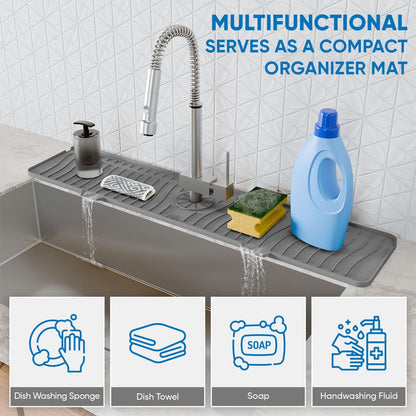 24 Inch Longer Faucet Mat for Kitchen Sink, Silicone Sink Faucet Mat Splash Guard 5° Slope Premium Kitchen Sink Splash Faucet Guard, Fast Self-Draining Mat (gray)