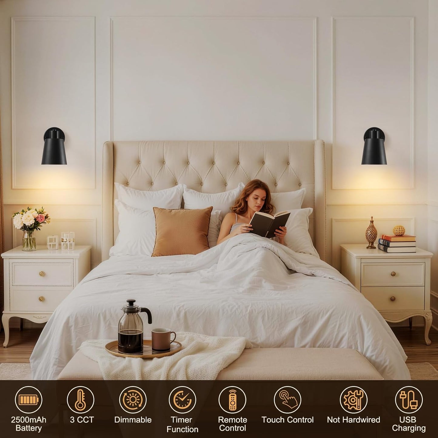 Gold Battery Operated Wall Sconces Set of Two with Remote, Rechargeable Battery Powered Wall Lights, 3 Color Temperature, Dimmable, Modern Wireless Wall Lamps for Bedroom Living Room Hallway