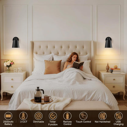 Gold Battery Operated Wall Sconces Set of Two with Remote, Rechargeable Battery Powered Wall Lights, 3 Color Temperature, Dimmable, Modern Wireless Wall Lamps for Bedroom Living Room Hallway