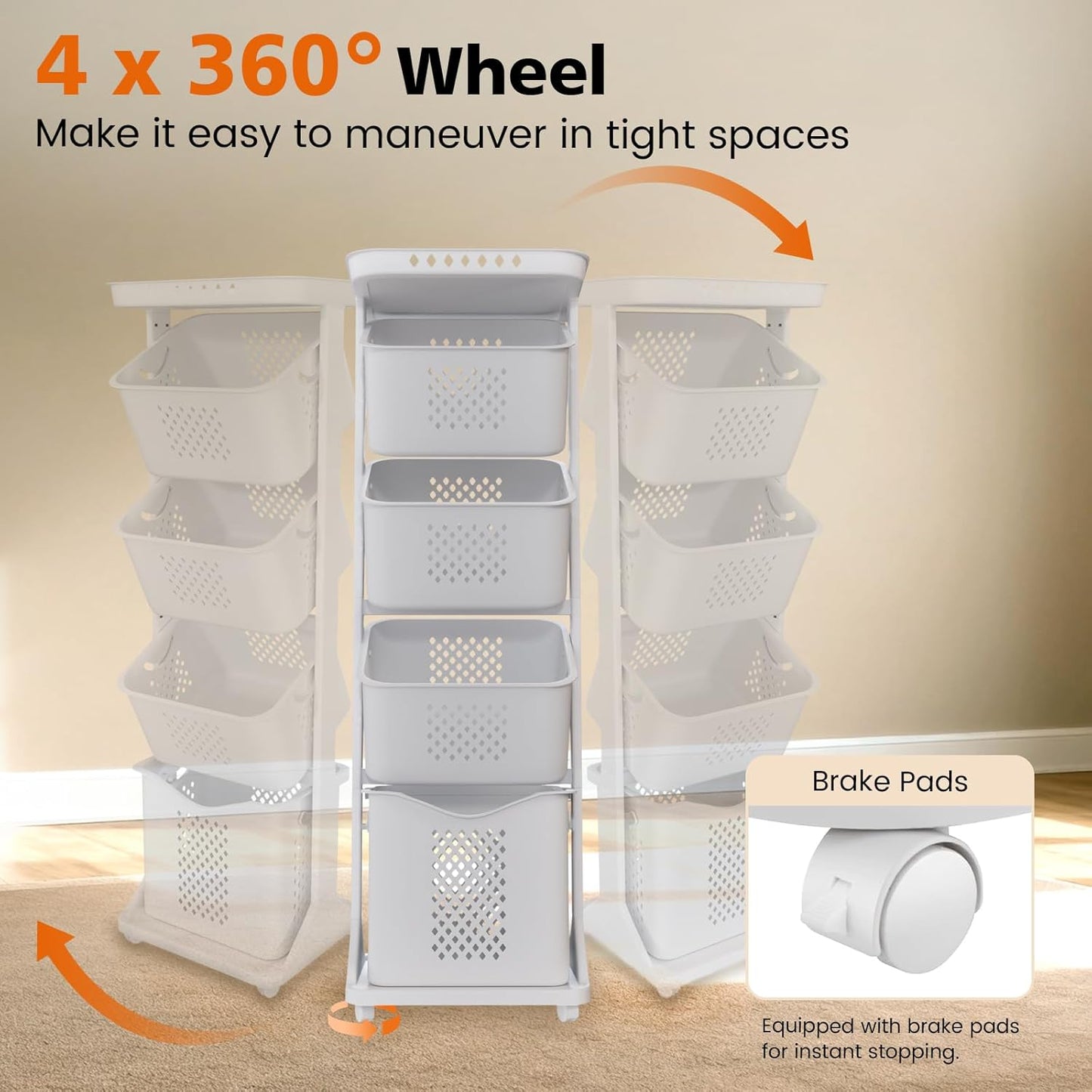 BAOKALER 4-Tier Laundry Hamper Sorter, Vertical Laundry Baskets with Wheel | Rolling Stackable Laundry Cart Removable, Organizer and Storage for Small Space, Dorm, Closet, Bathroom