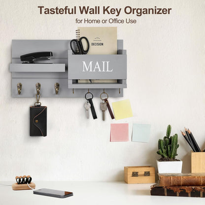 Lwenki Mail Organizer for Wall Mount – Key Holder with Shelf Includes Letter Holder and Hooks for Hallway Farmhouse Decor – Rustic Wood with Flush Mounting Hardware (16.5” x 9.1” x 3.4”) (White)