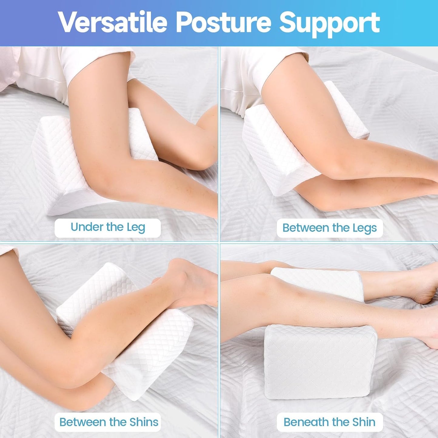 CloudBliss Cooling Gel Knee Pillow for Side Sleepers, Memory Foam, White | Contoured leg pillow, high-density foam, removable machine-washable cover, breathable fabric, hip and knee support