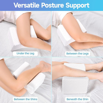 CloudBliss Cooling Gel Knee Pillow for Side Sleepers, Memory Foam, White | Contoured leg pillow, high-density foam, removable machine-washable cover, breathable fabric, hip and knee support