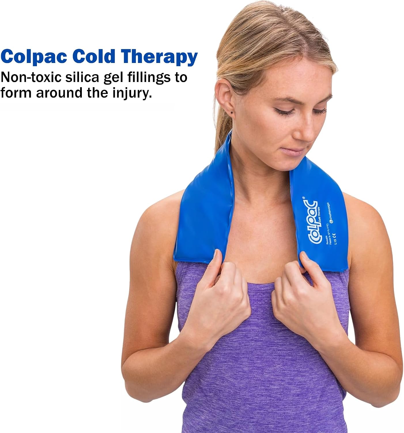 Chattanooga ColPac, Reusable Gel Ice Pack, Cold Therapy for Neck, Shoulder, Upper Back for Headaches, Inflammation, 23" Neck Contour, Blue Vinyl, with a Lumintrail Drawstring Bag