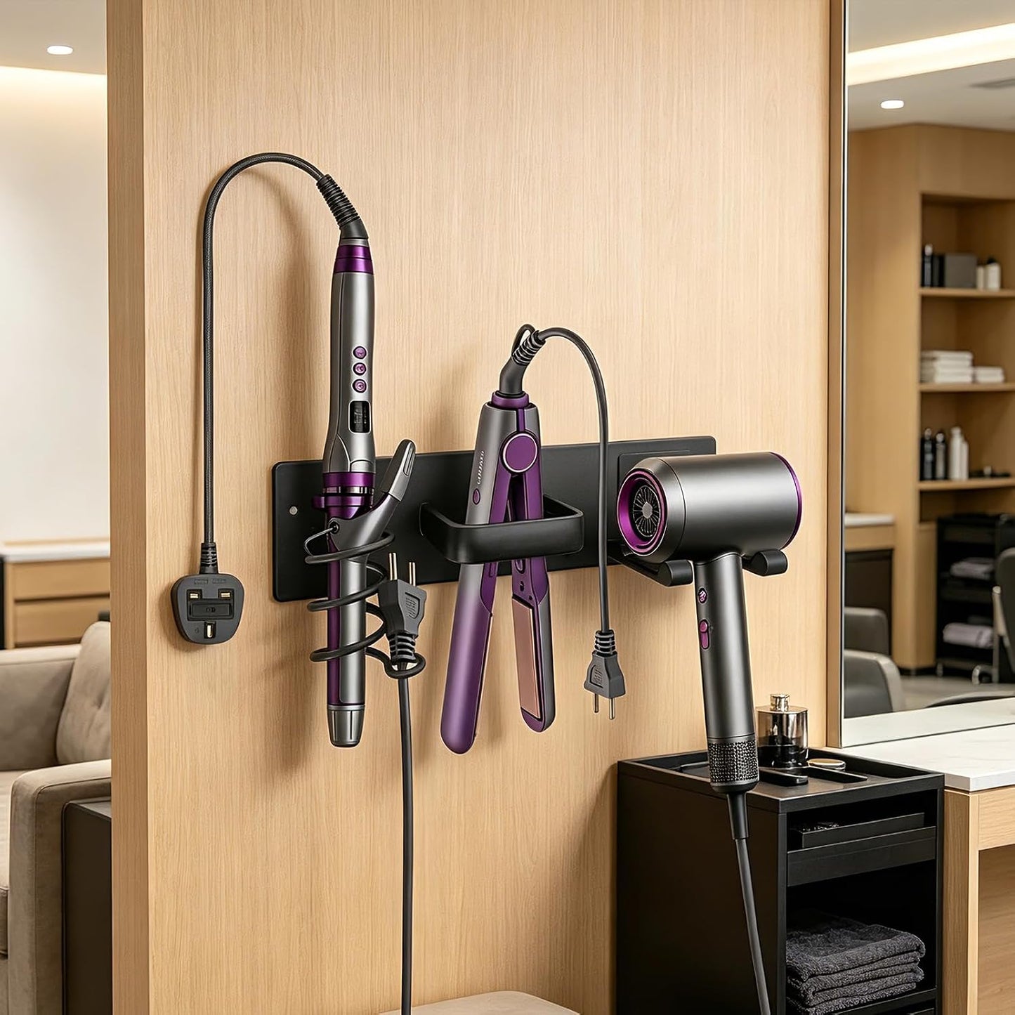 Hair Dryer Holder Wall Mount, Easy Assemble Hair Tool Organizer | 3 in 1 Metal Dryer Rack with Blow Dryer Holder & Curling Iron & Straightener Storage for Salo ＆ Bathroom (Matte Black)