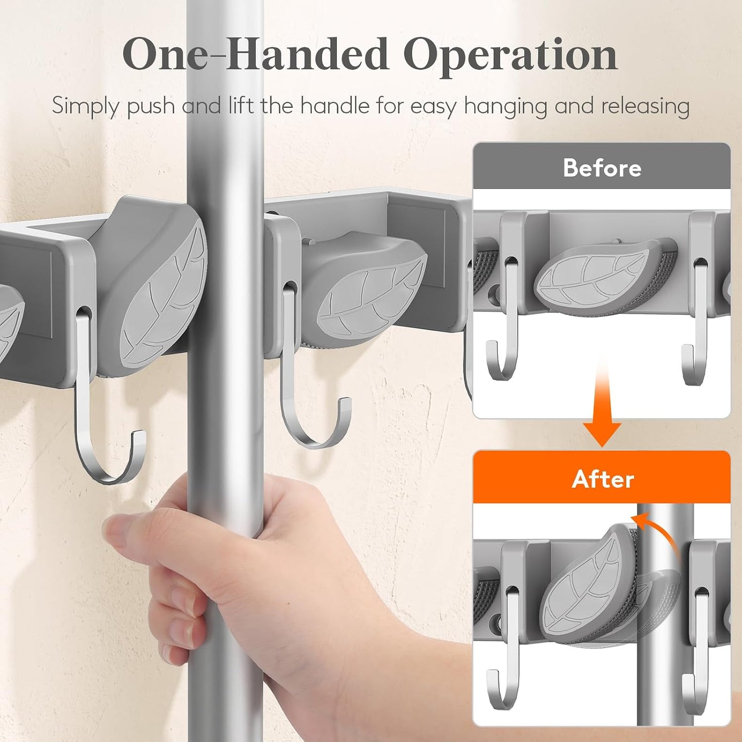Lifewit Mop and Broom Holder Organizer Wall Mount Non-Slip, 1 Pack, Black | Easy Install One Handed Push Cleaning Tool Hanger with 6 Hooks 5 Slots, Heavy Duty Hanging Utility Rack for Garden, Garage
