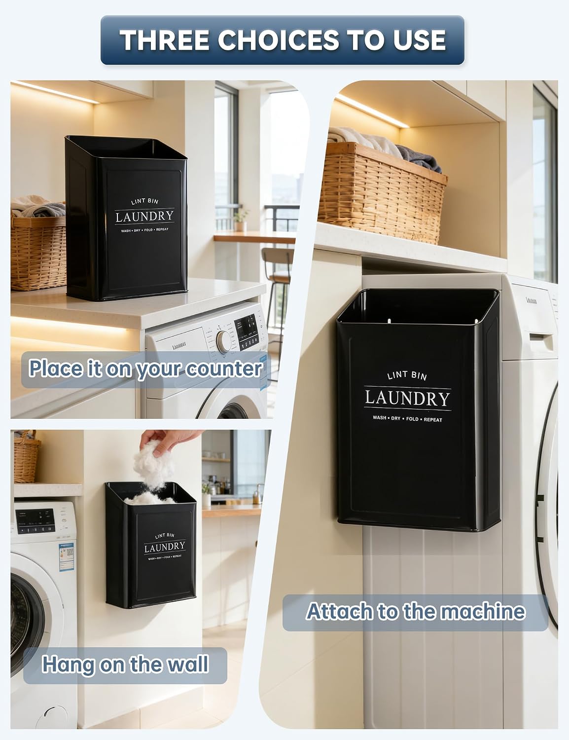 Magnetic Lint Bin, Metal Dryer Lint Trash Can for Laundry Room | Magnetic mount for dryer; includes 2 pet hair removers; farmhouse‑style decor; sturdy metal construction