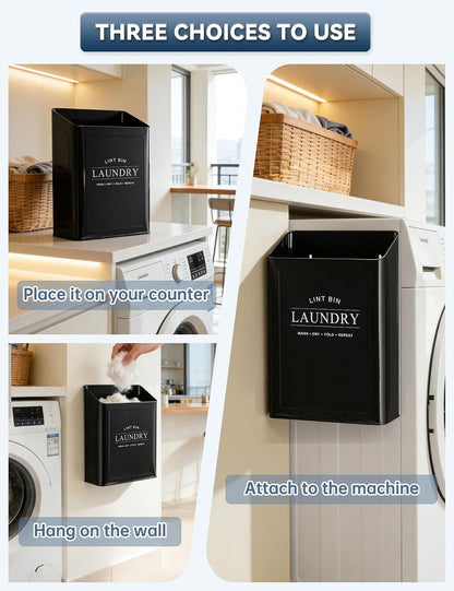 Magnetic Lint Bin, Metal Dryer Lint Trash Can for Laundry Room | Magnetic mount for dryer; includes 2 pet hair removers; farmhouse‑style decor; sturdy metal construction