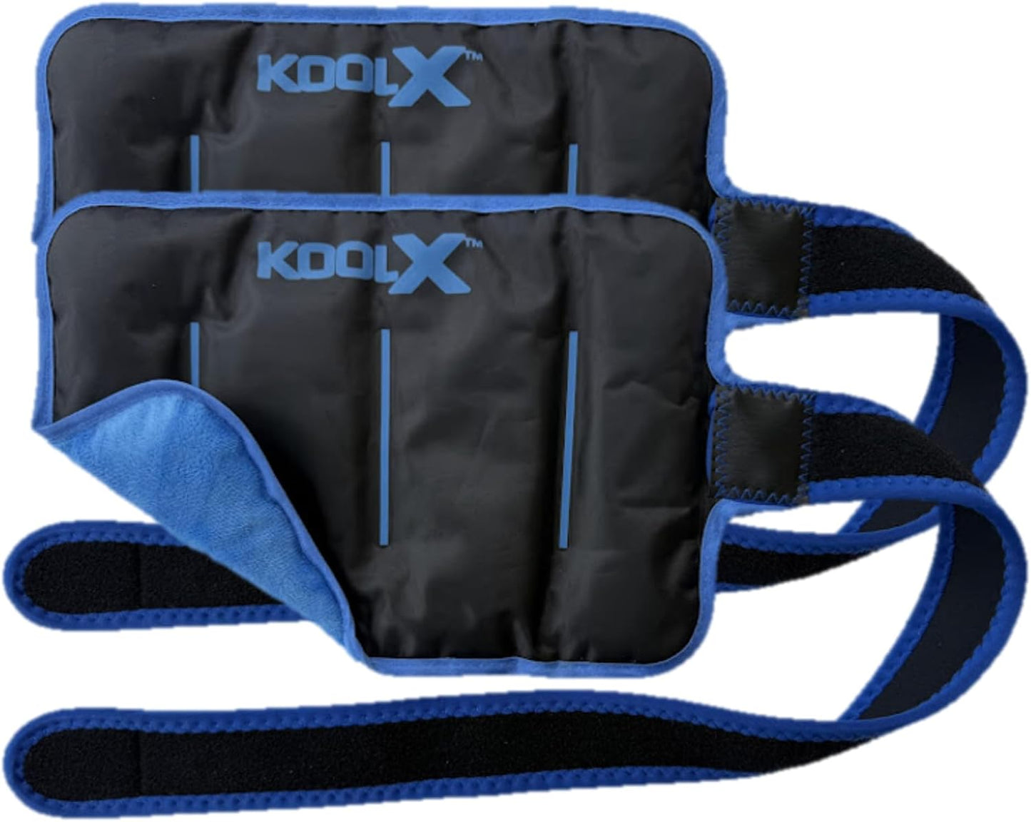 2 Pack KoolX Premium Gel Ice Packs for Injuries Reusable, Flexible Cold Wraps with Straps, Soft Plush & Nylon Sides, Extension Strap, Ice Pack for Knee, Back, Shoulder, Elbow & Calf - Medium + Large