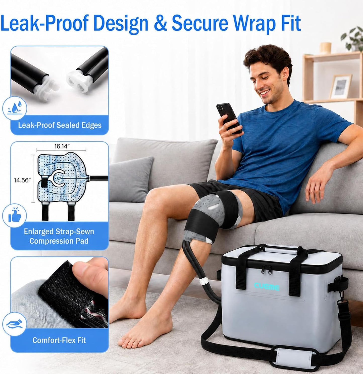 CUEME Ice Machine for Knee After Surgery with Upgraded Strap-Sewn Compression Pad (16.14'' X 14.56''), 20 QT, Programmable Timer Knee Ice Machine, Cold Therapy Machine for Shoulder/Hip/Ankle/Foot
