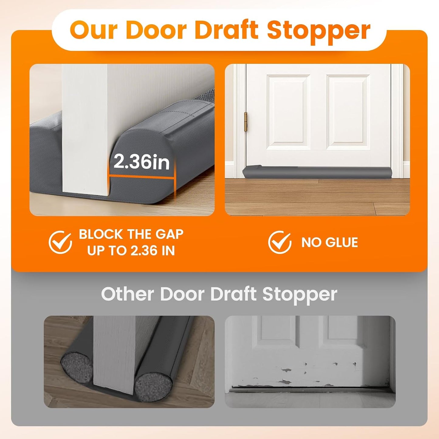 Door Draft Stopper, Under Door Draft Stopper for Bottom, 36 in, Black | Adjustable Size, Covers Gap up to 2.36 in, Easy Install, Blocks Cold air, Light, Reusable, for Bedrooms & Kitchen