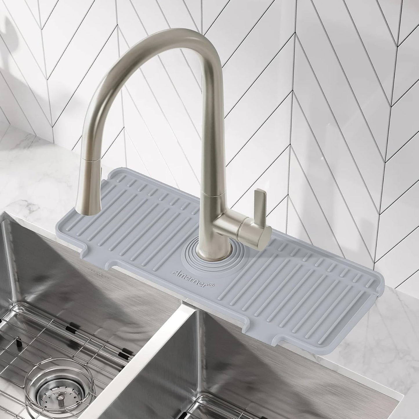 Kitchen Sink Splash Guard, 20IN Longer Silicone Faucet Guard & Draining Mat, Bathroom and Kitchen Sink Organizer, Sink Faucet Mat Water Splash Guard Behind Faucet Accessories Gadget, 20” x 5.5”, White