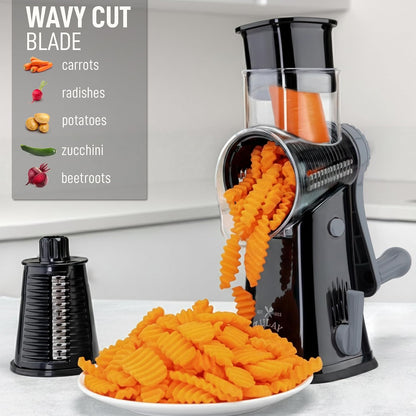 Zulay Kitchen Rotary Cheese Grater 5 Blade Cheese Shredder - Manual Hand Crank Cheese Grater With Reinforced Suction & 5 Interchangeable Drums - Easy to Use, Vegetable Chopper Round Mandoline Slicer - Colors B