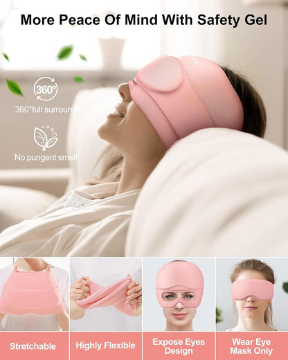 2 in 1 Migraine Relief Cap with Gel Eye Mask, Headache Relief Cap Ice Head Wrap Hot and Cold Therapy Hat Gift for Women for Headache Puffy Eyes Sinus and Tension Stress Relief (Light Purple)
