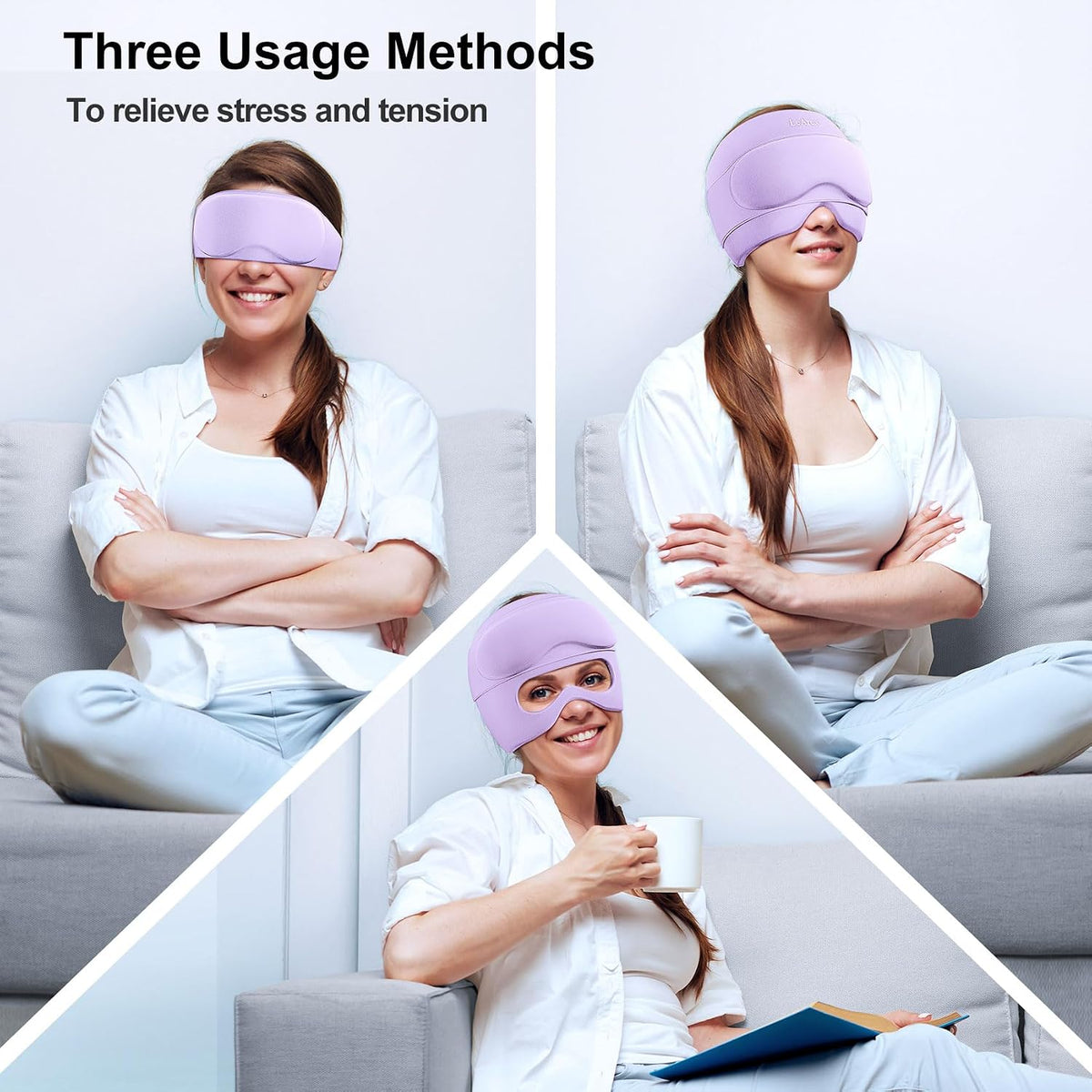2 in 1 Migraine Relief Cap with Gel Eye Mask, Headache Relief Cap Ice Head Wrap Hot and Cold Therapy Hat Gift for Women for Headache Puffy Eyes Sinus and Tension Stress Relief (Light Purple)