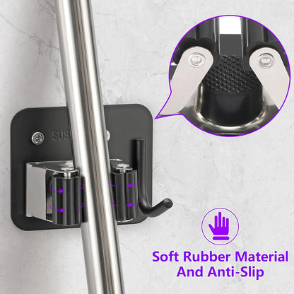 Stainless Steel Broom Holder, Heavy Duty, Rust Resistant, 4 Gripper Positions with 4 Hooks, Black | Drill-Mounted Gripper Rack Holds Brooms, Mops and Garden Tools Safely in the Laundry Room, Kitchen, Garage, Garden and Shed