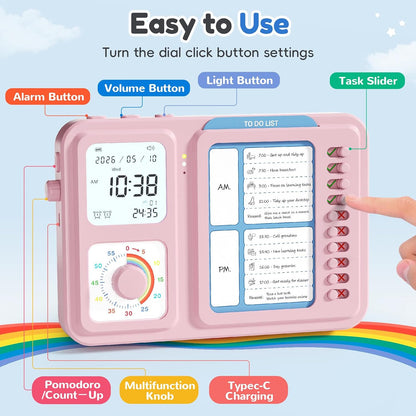 3-in-1 Visual Timer for Kids, Chore Chart for Kids, Visual Schedule（Blue） | To do list board, routine chart for home, school, classroom, ADHD/autism visual support, checklist, silent vibration alerts