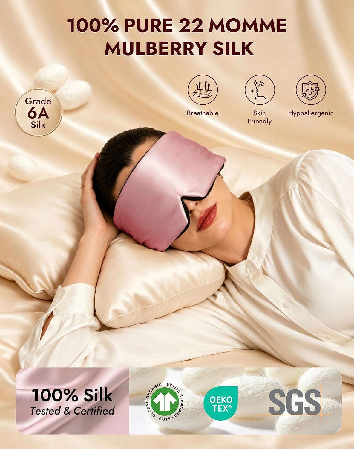 SilkSilky 22 Momme Mulberry Silk Sleep Mask for Side Sleepers, Black