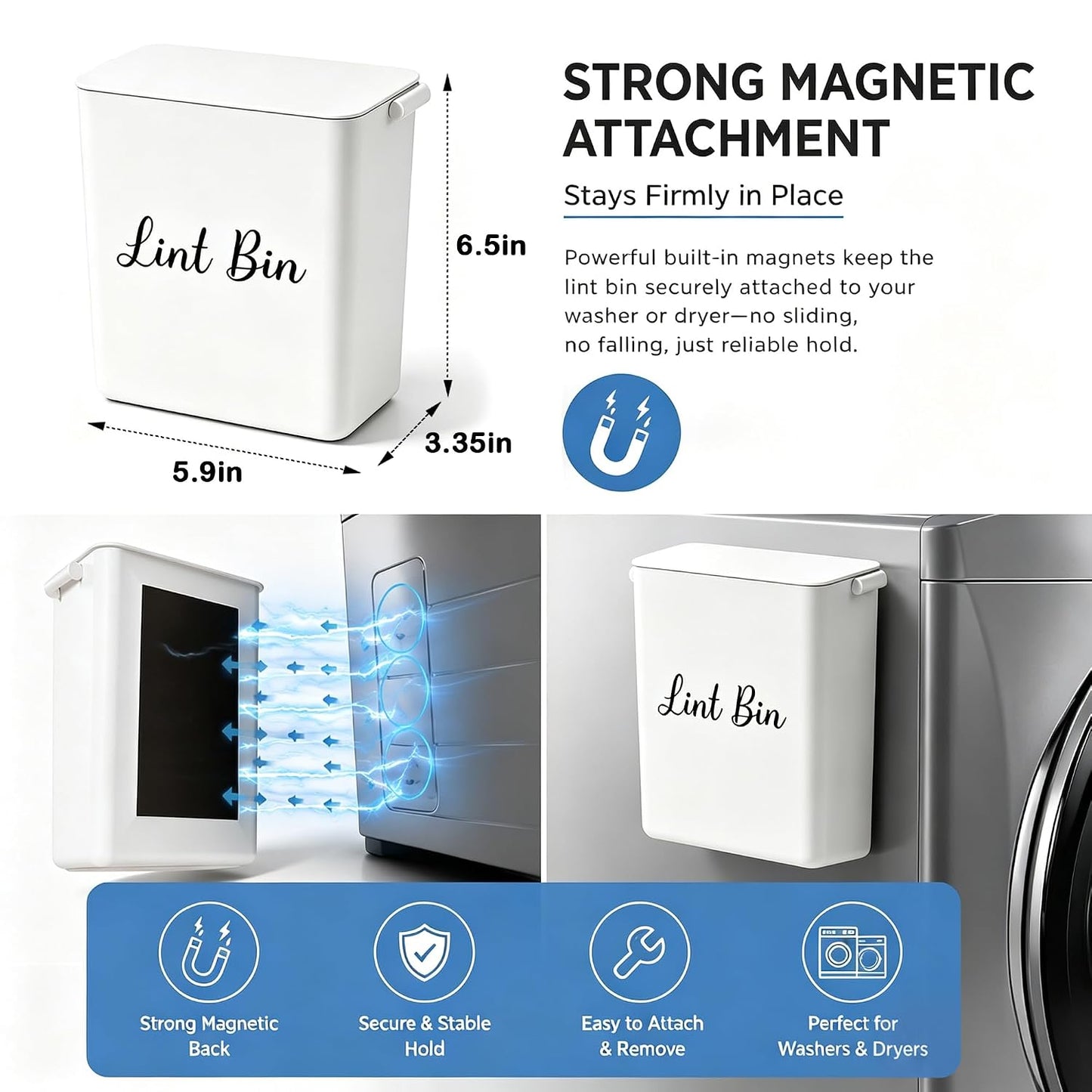 Magnetic Lint Bin with Lid for Laundry Room, Compact Plastic Dryer Lint Holder, Small Laundry Trash Container for Dryer Lint & Used Dryer Sheets, Space Saving Storage Decor Organizer (Black)