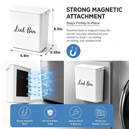 Magnetic Lint Bin with Lid for Laundry Room, Compact Plastic Dryer Lint Holder, Small Laundry Trash Container for Dryer Lint & Used Dryer Sheets, Space Saving Storage Decor Organizer (Black)