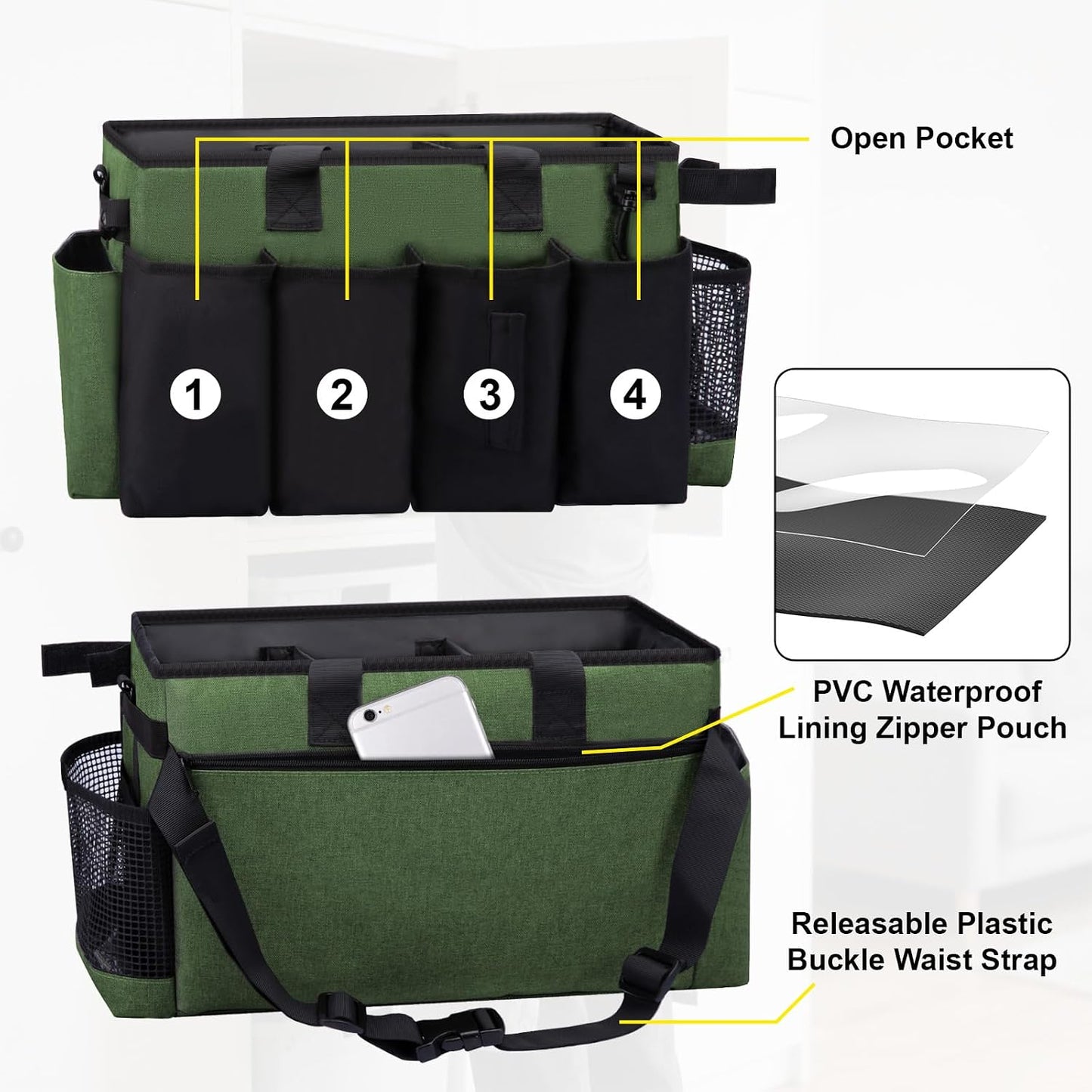 Wearable Large Cleaning Caddy Bag for Housekeepers (Black&Gray) | Cleaning Supplies Organizer with Adjustable Shoulder, Waist & Handle Straps, Detailing Bag for Kitchen Supplies