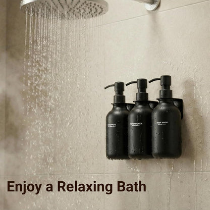 Shampoo and Conditioner Dispenser - Shower Soap Dispenser 3 Chamber No Drill - Bathroom Soap Dispenser Wall Mount Adhesive - Clear PET Bottles with Nature Bamboo Pumps Set Refillable 1500ml