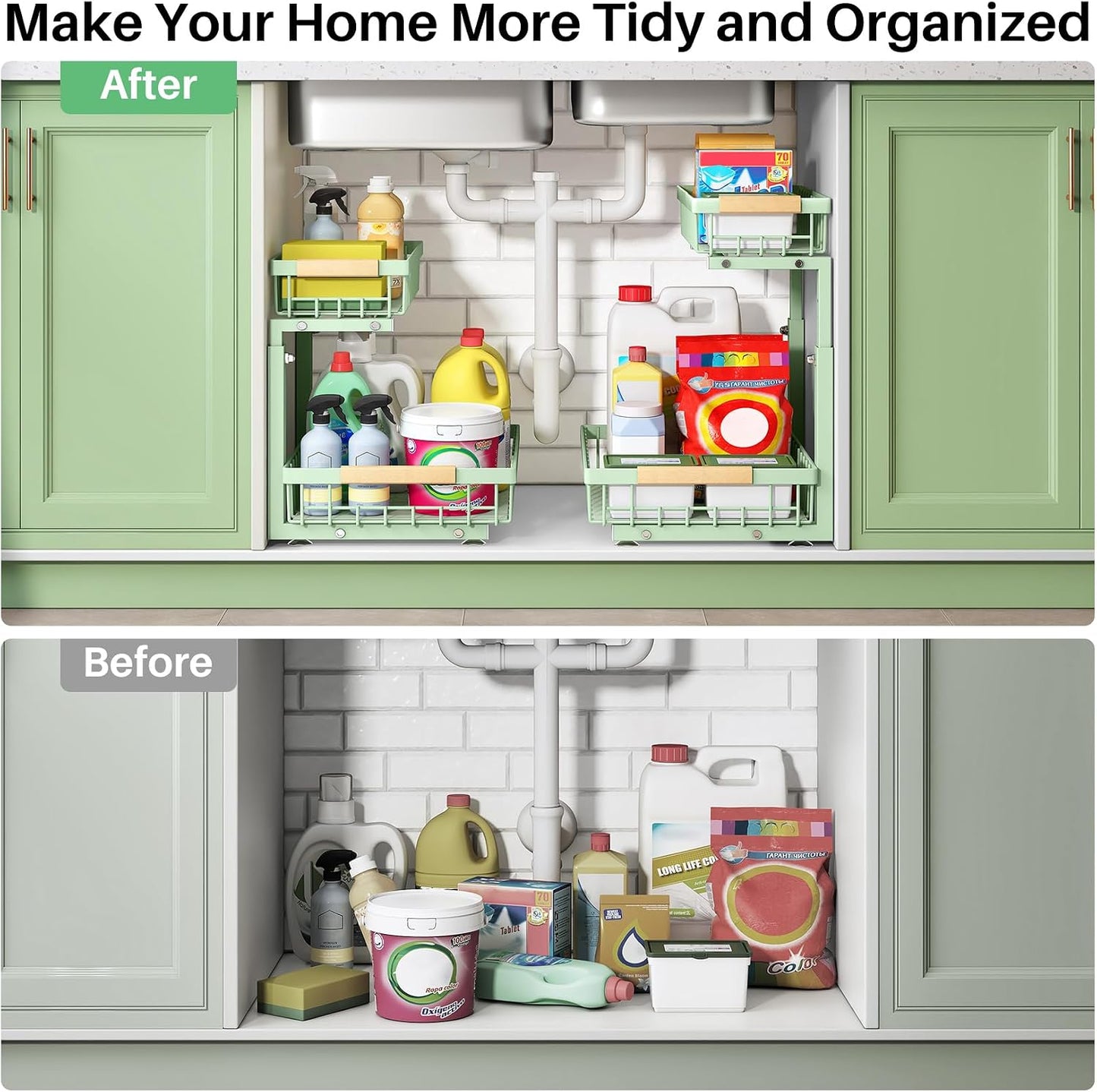Kitstorack Under Sink Organizer, 2 Tier Under the Sink Storage, Slide out Pull out Cabinet Organizer Shelf, Metal Sliding Drawer for Kitchen Bathroom Pantry Closet Organization Rack, Black, 2 Pack