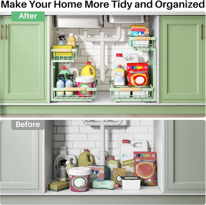 Kitstorack Under Sink Organizer, 2 Tier Under the Sink Storage, Slide out Pull out Cabinet Organizer Shelf, Metal Sliding Drawer for Kitchen Bathroom Pantry Closet Organization Rack, Black, 2 Pack