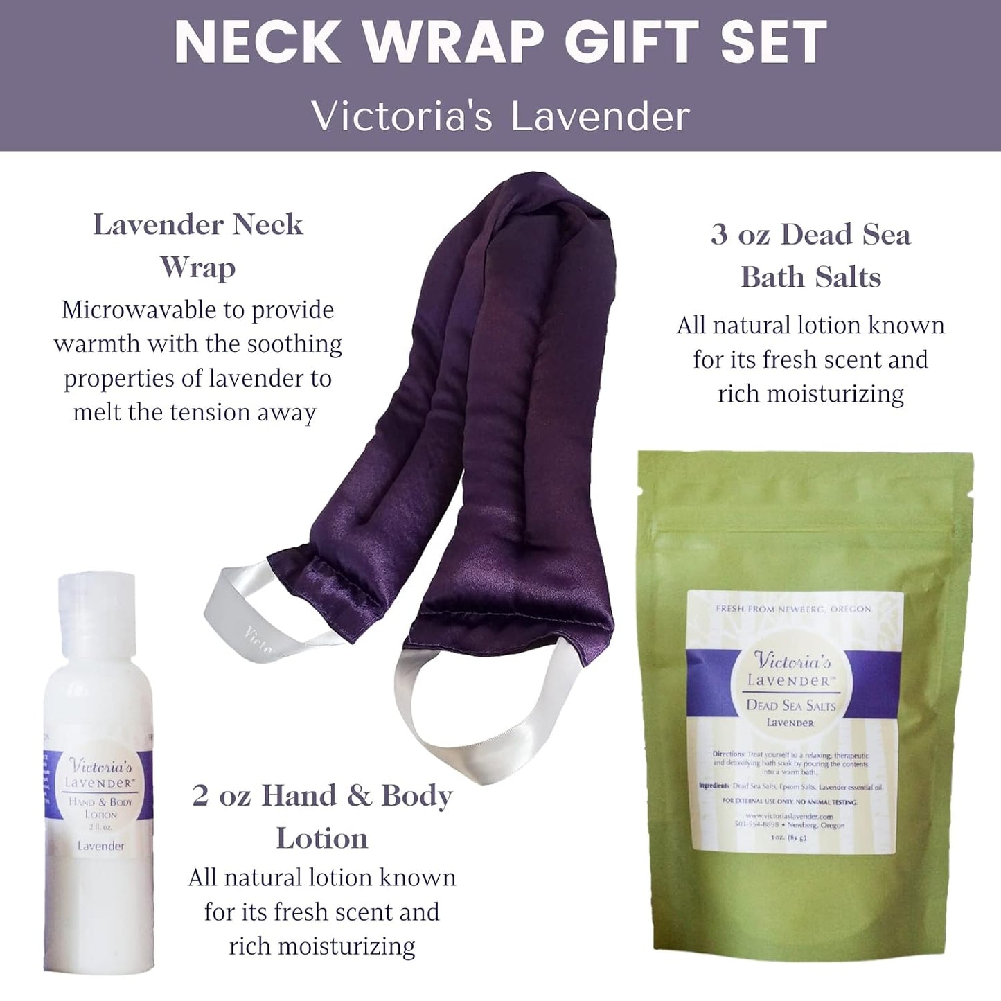 Victoria's Lavender Luxury Lavender Relaxing Spa Gift Basket, Set of 3 | Neck Wrap, Dead Sea Bath Salts, and Hand & Body Lotion , Microwavable Neck Heating Pad Filled with Lavender Buds & Flax Seed