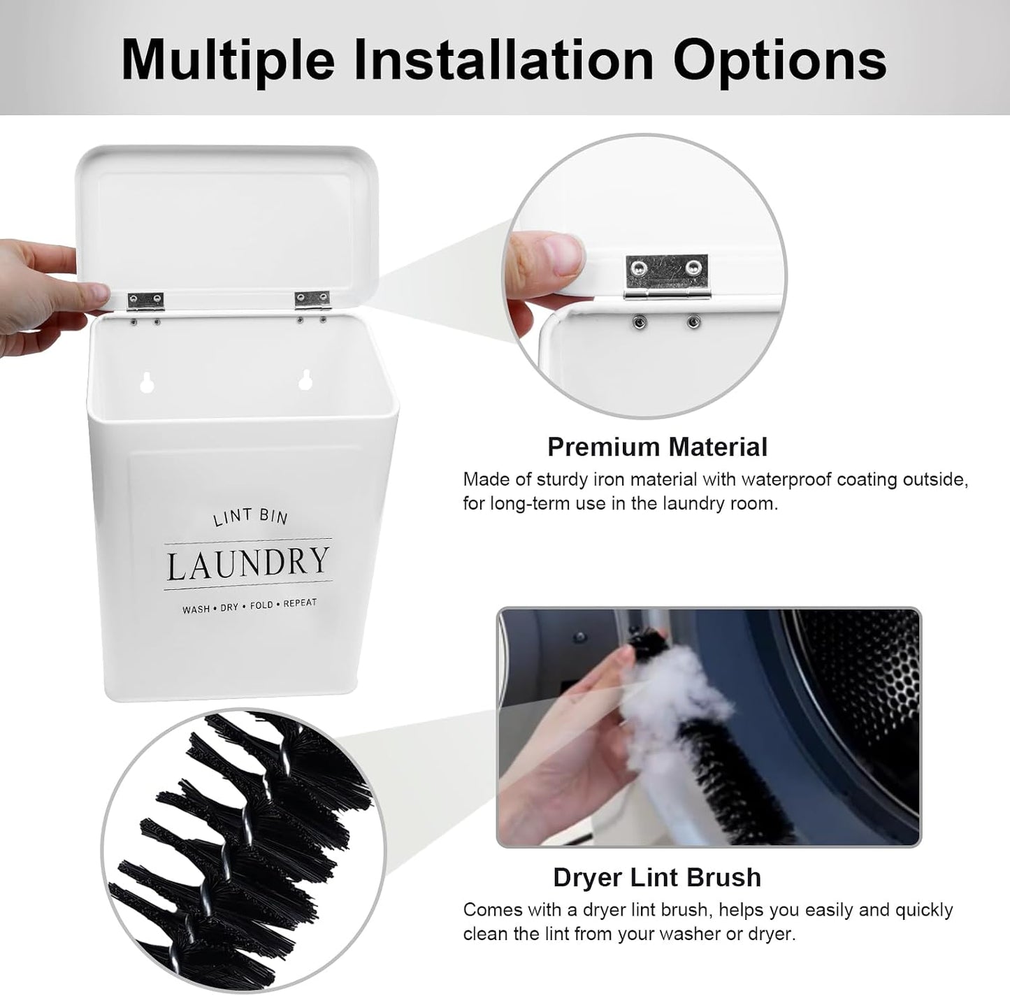 Magnetic Lint Bin with Lint Brush for Laundry Room Decor Farmhouse Rustic Metal Wall Mounted Lint Box Holder Keeper Organization Lint Trash Can with lid for Dryer