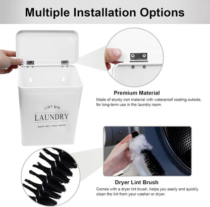 Magnetic Lint Bin with Lint Brush for Laundry Room Decor Farmhouse Rustic Metal Wall Mounted Lint Box Holder Keeper Organization Lint Trash Can with lid for Dryer