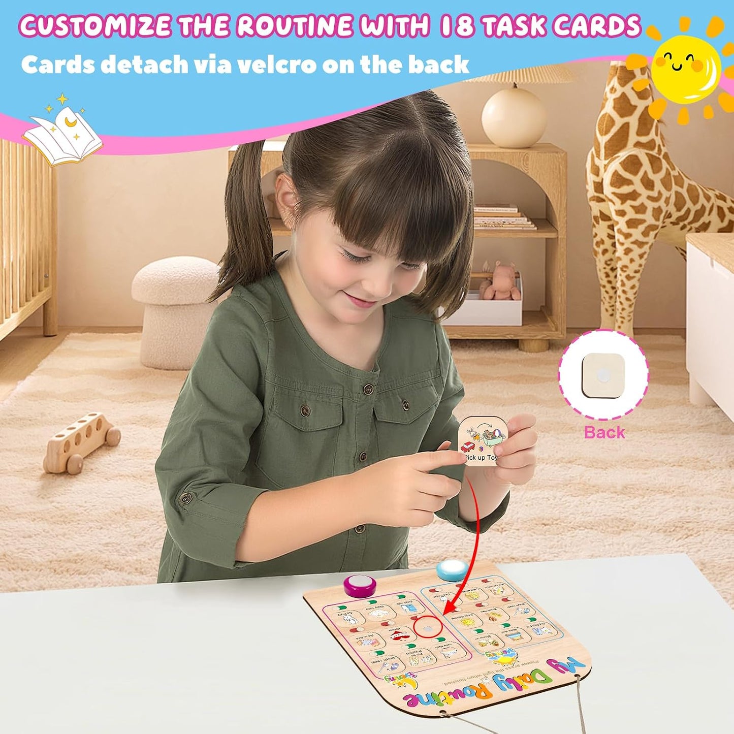Morning Routine Chart for Toddlers, Visual Schedule Chart Planner | to Do List with 6 Tap Lights & 10 Activity Cards, Wooden Checklist Schedule Board for Kids, Autism, Preschoolers, ADHD Tools