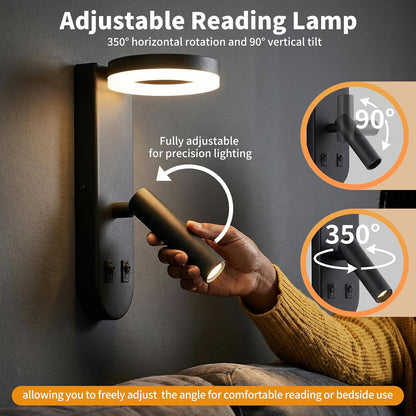 Wall Mounted Reading Lights for Bedroom - Independent Switch, 350° Adjustable Bedside Lamps Set of 2, Hardwired Installation LED Wall Sconces for Living Room, Study Room
