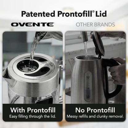 OVENTE 1.8L Glass Electric Kettle with Tea Infuser, Silver KGD752S | 1500W Fast Boiling, Easy Fill Lid, 7 Temperature Control, Keep Warm, Digital Display, Auto Shut-Off, Boil-Dry Protection