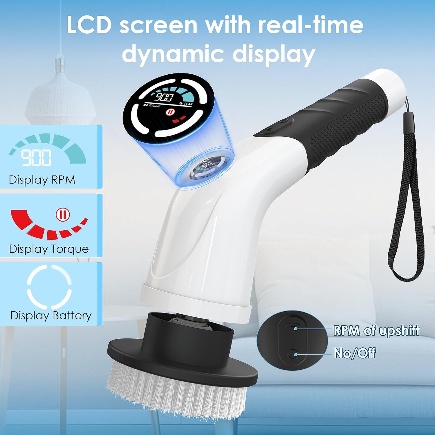 Electric Spin Scrubber, Cordless Cleaning Brush with 180 Min Runtime, 3-Speed, 7 Replaceable Brush Heads & Long Detachable Handle, LCD Display (RPM/Torque/Battery), for Bathroom, Kitchen, Tile